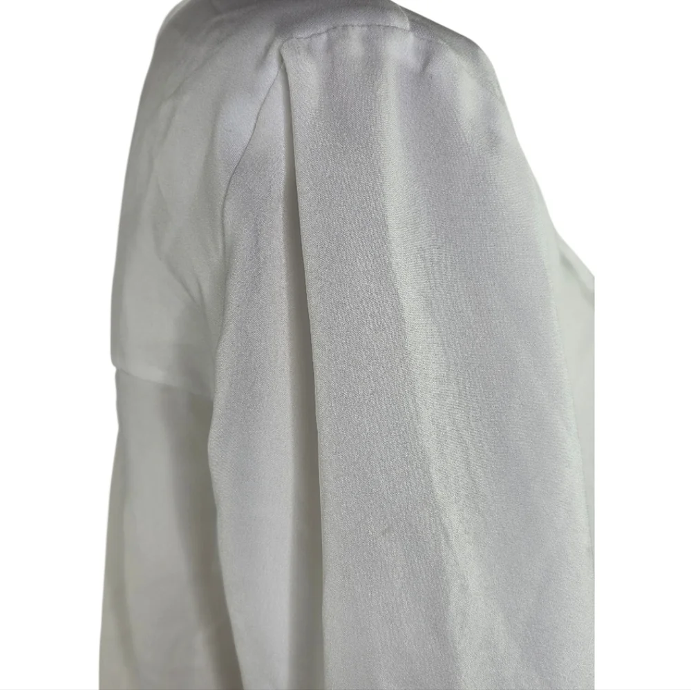 Neiman Marcus White Pleated Keyhole Blouse Long Sleeve Classic Minimalist